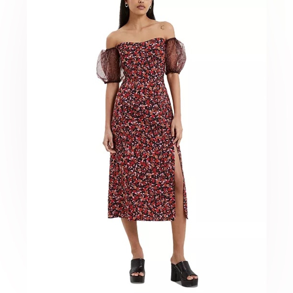 French Connection Red Floral Off-Shoulder Midi Dress with Puff Sleeves